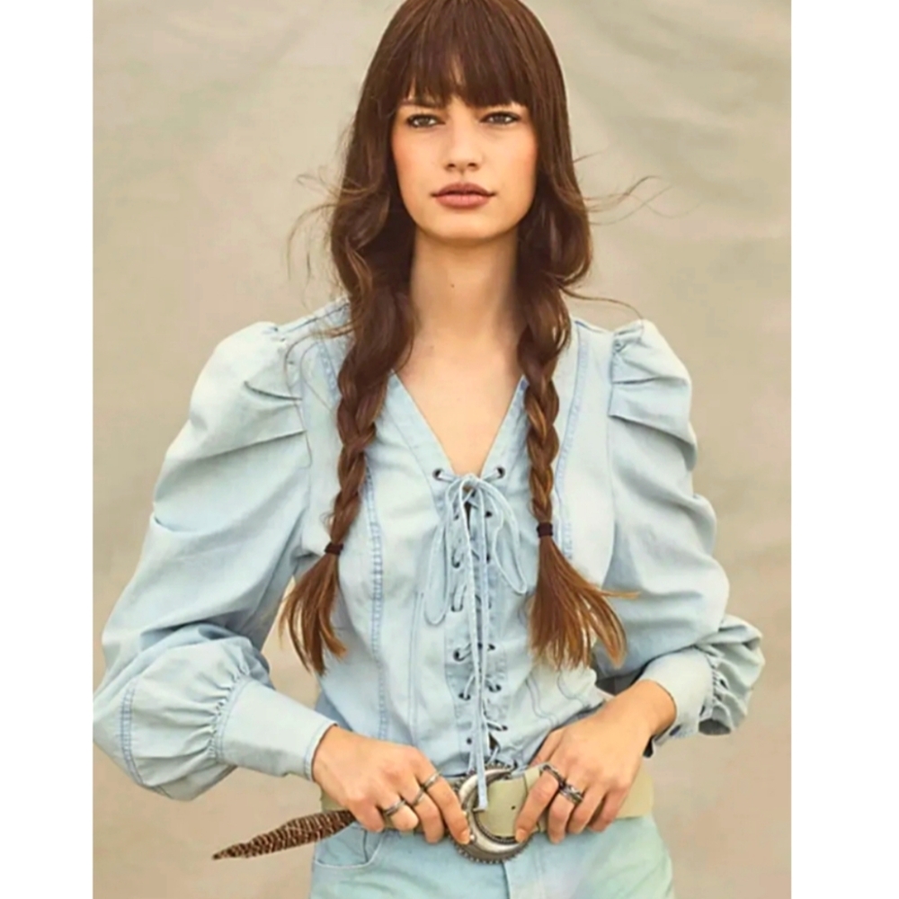 Free People Gardenia Blue Lace Up Denim Top Ruched Ballon Sleeve NWOT Small